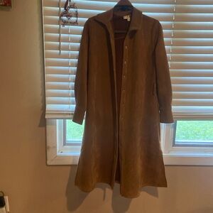Faux suede camel dress with belt can be worn as a duster